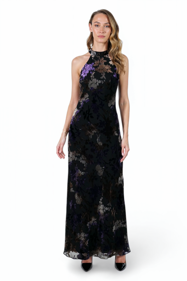 Mikael Aghal Black Floral Halter Gown – Sleeveless Maxi Evening Dress