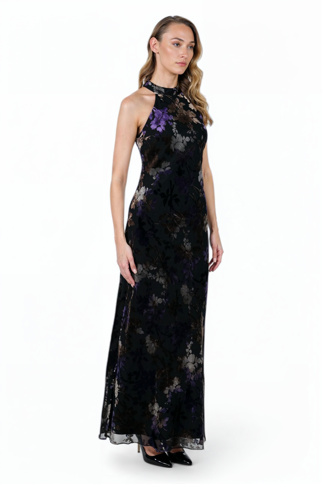 Mikael Aghal Black Floral Halter Gown – Sleeveless Maxi Evening Dress