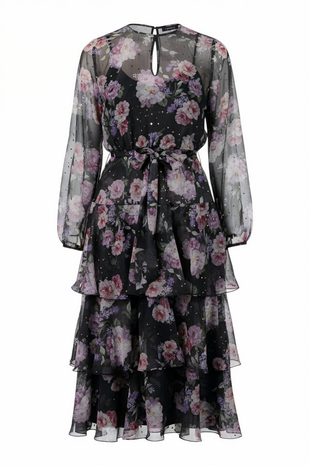 Mikael Aghal Black Floral Tiered Midi Dress – Long Sleeve with Belt