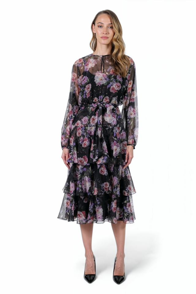 Mikael Aghal Black Floral Tiered Midi Dress – Long Sleeve with Belt