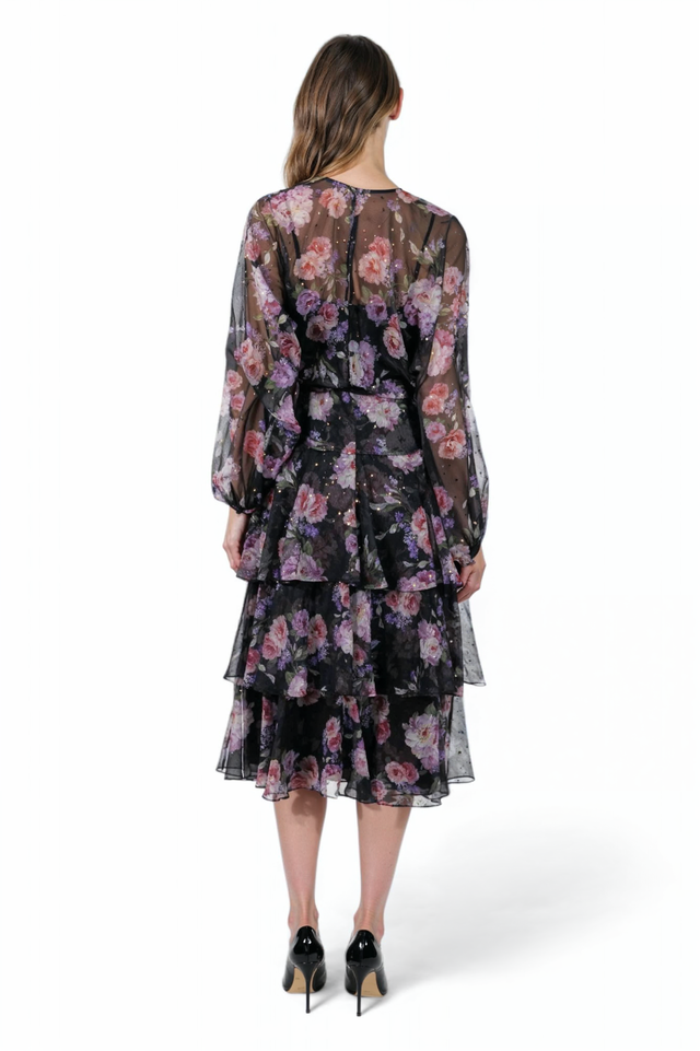 Mikael Aghal Black Floral Tiered Midi Dress – Long Sleeve with Belt