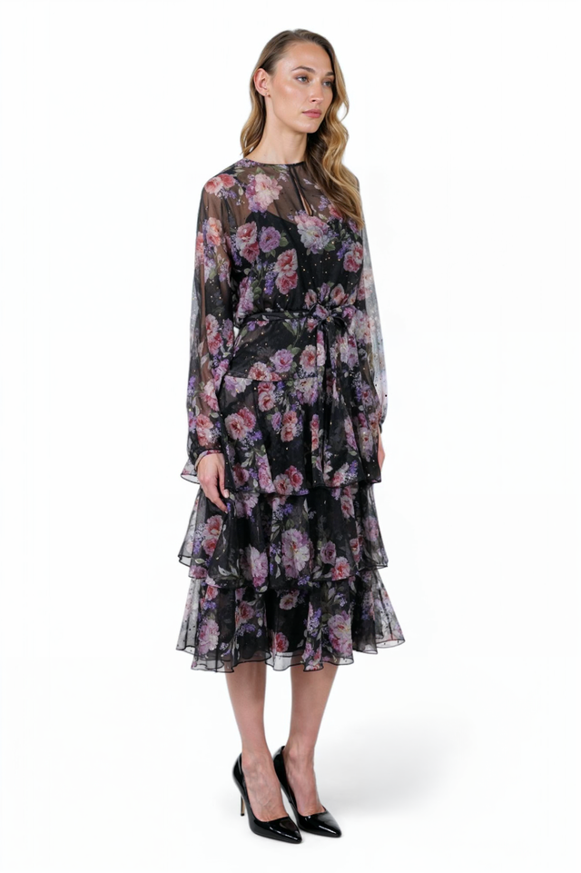 Mikael Aghal Black Floral Tiered Midi Dress – Long Sleeve with Belt