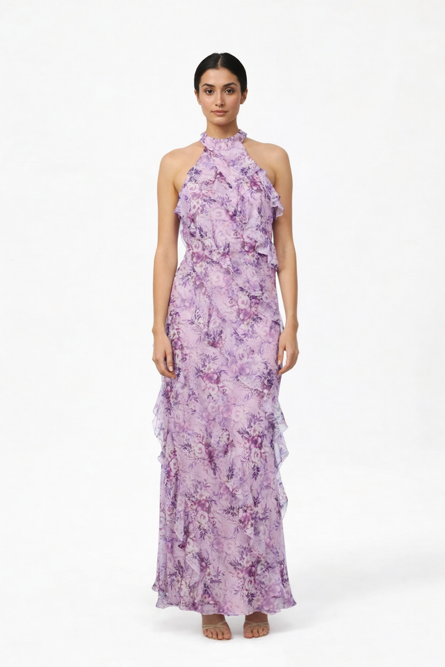 Mikael Aghal Lavender Floral Halter Ruffle Gown