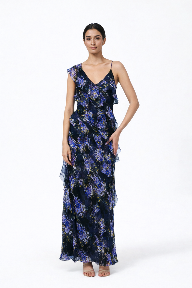 Mikael Aghal Midnight Floral Ruffle Gown