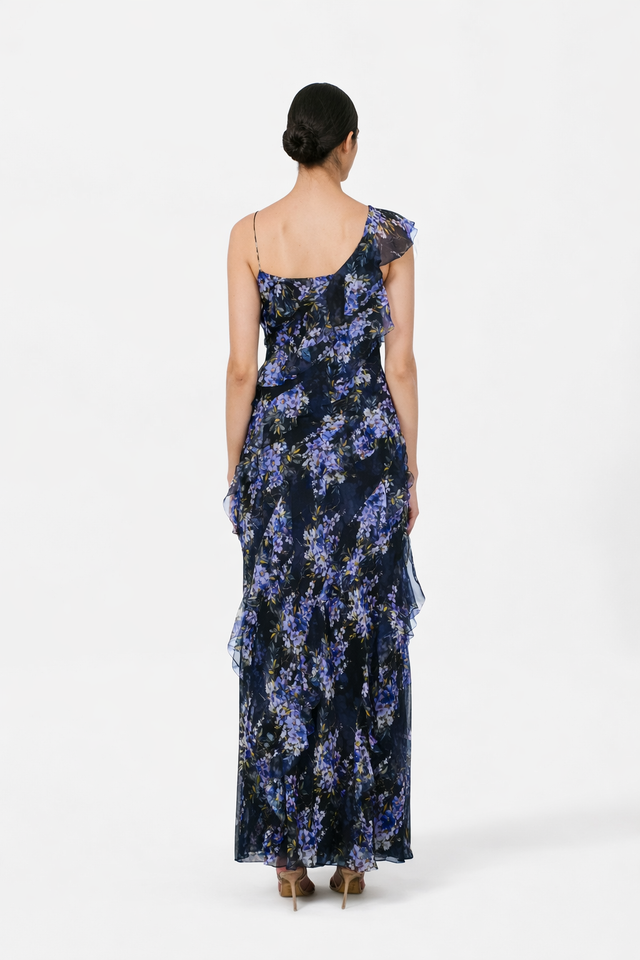Mikael Aghal Midnight Floral Ruffle Gown