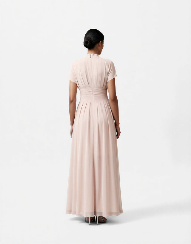 Mikael Aghal Blush Pleated Tie-Neck Gown