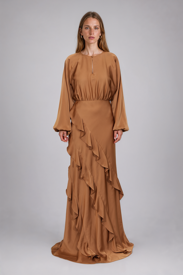 Mikael Aghal Ruffled Satin Long-Sleeve Gown