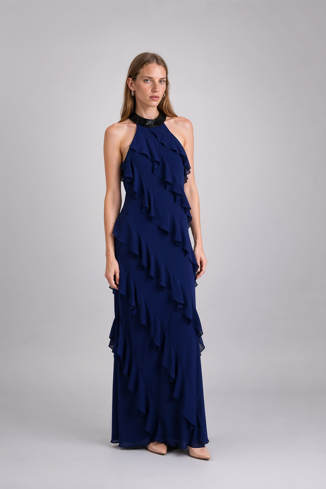 Mikael Aghal Beaded Halter Neck Cascading Ruffle