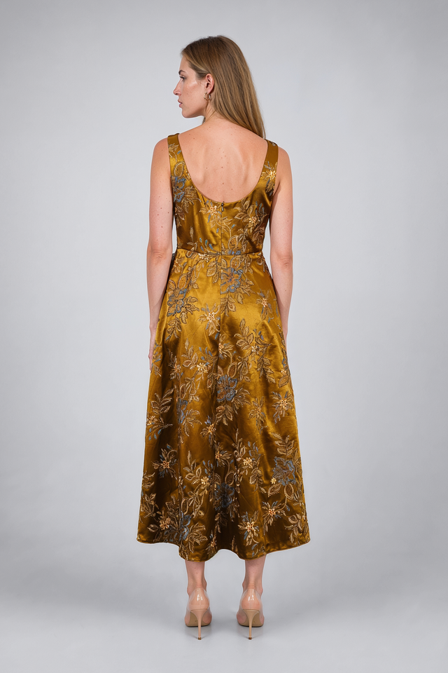 Mikael Aghal Gold Floral Jacquard Sleeveless Midi Dress