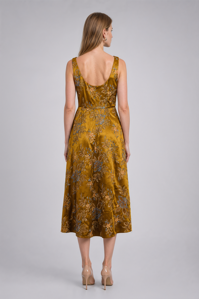 Mikael Aghal Floral Jacquard Sleeveless Fit & Flare Midi