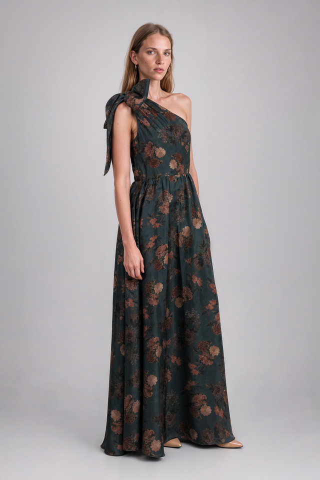 Mikael Aghal Metallic Floral Jacquard One-Shoulder Maxi