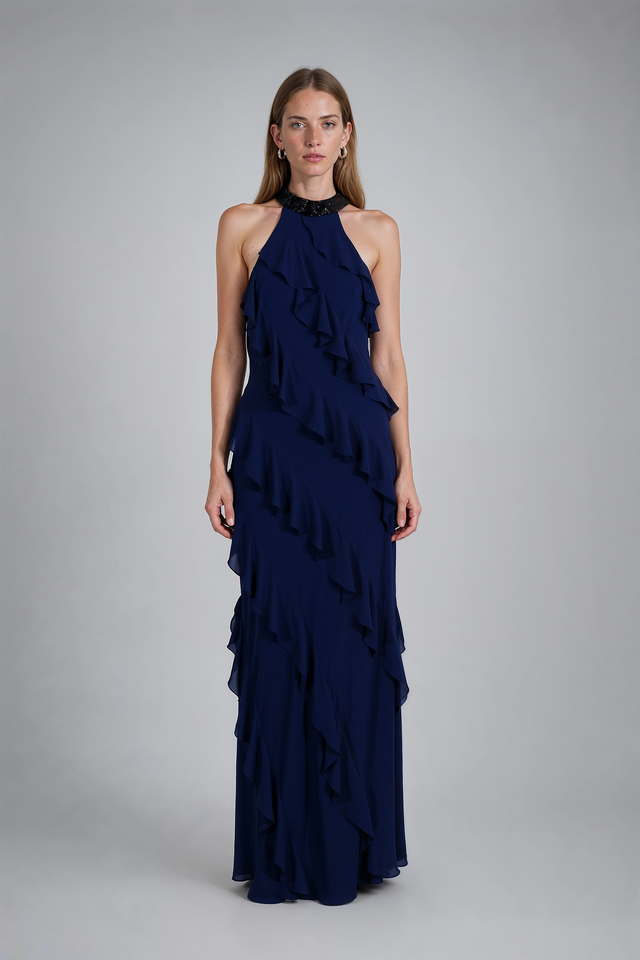Mikael Aghal Navy Embellished Halter Ruffled Gown