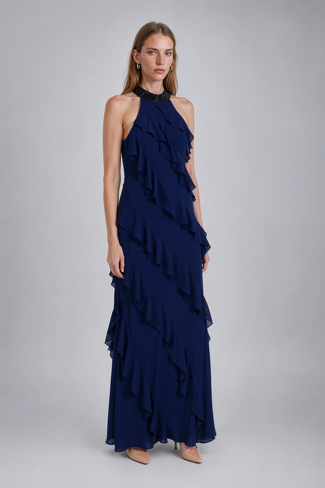 Mikael Aghal Navy Embellished Halter Ruffled Gown