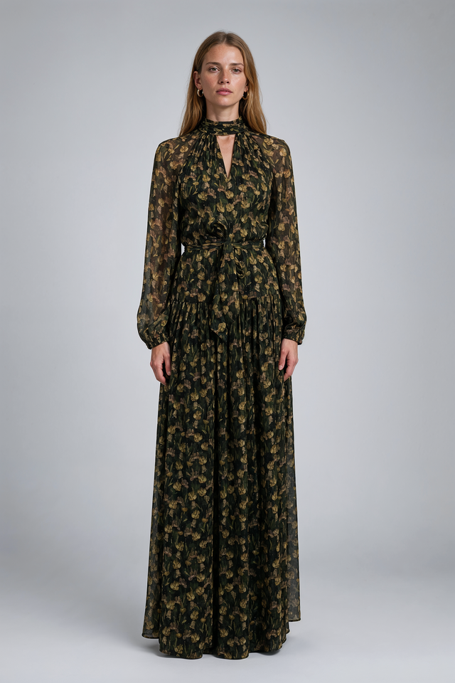 Mikael Aghal Olive Green Floral High-Neck Belted Gown