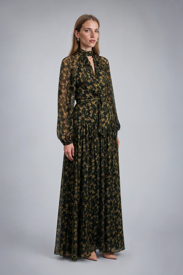 Mikael Aghal Olive Green Floral High-Neck Belted Gown