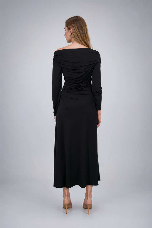 Mikael Aghal Black Off-The-Shoulder Draped Long-Sleeve Dress