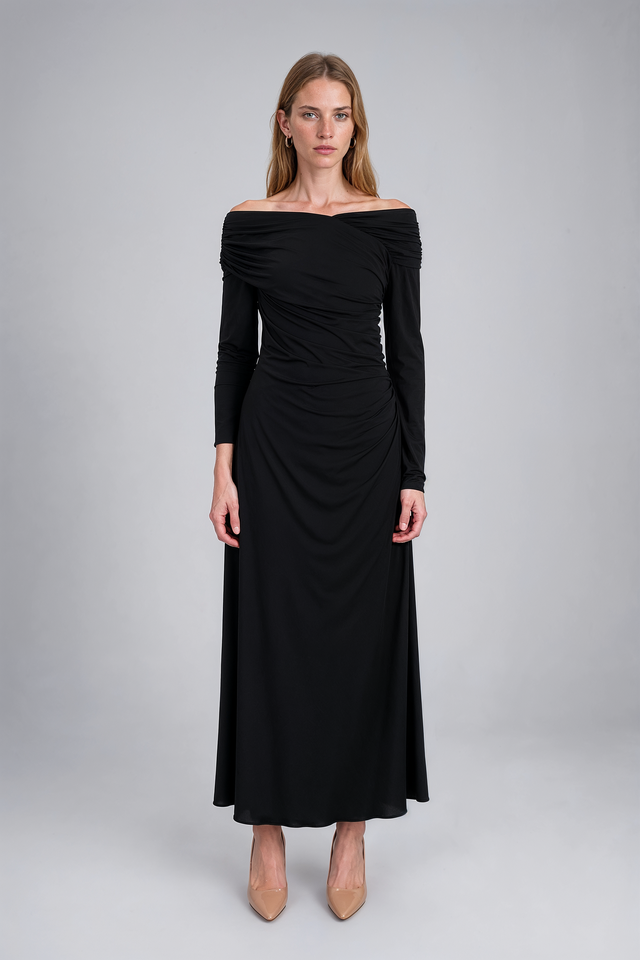 Mikael Aghal Black Off-The-Shoulder Draped Long-Sleeve Dress