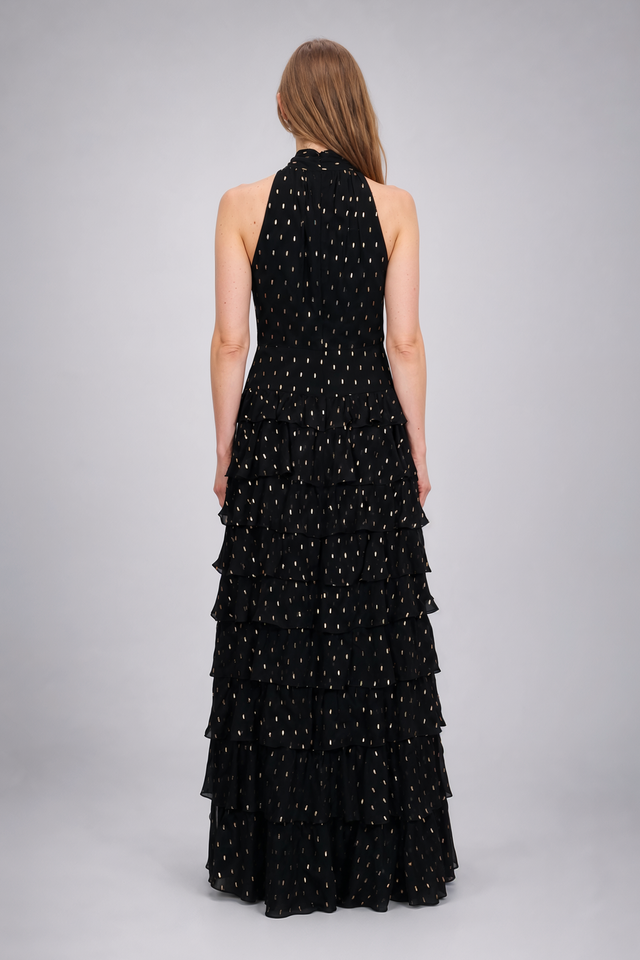 Mikael Aghal Metallic Clip-Dot High-Neck Tiered Gown