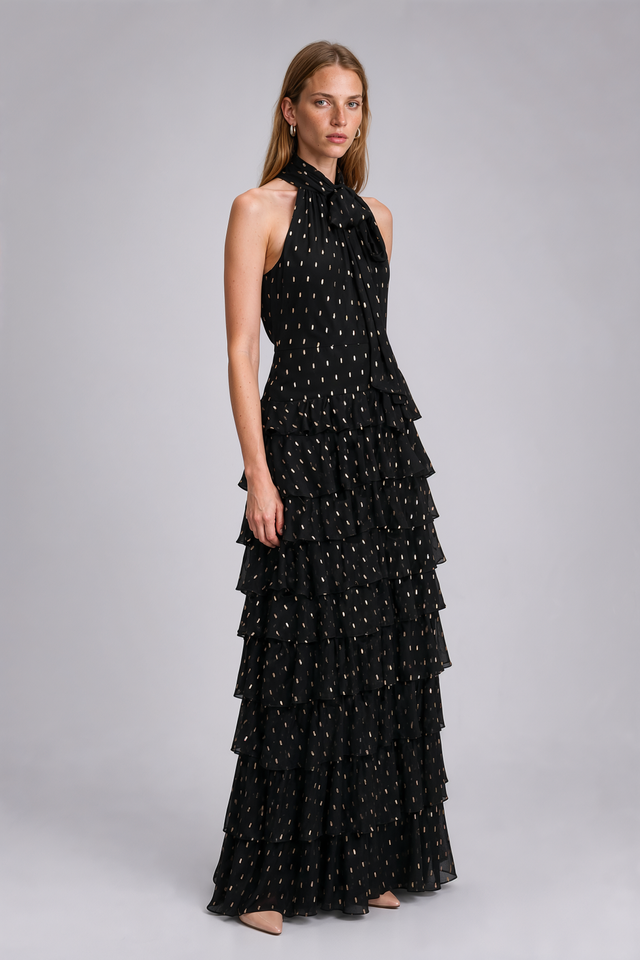 Mikael Aghal Metallic Clip-Dot High-Neck Tiered Gown