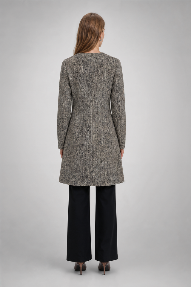 Mikael Aghal Herringbone Tweed Collarless Topper Coat