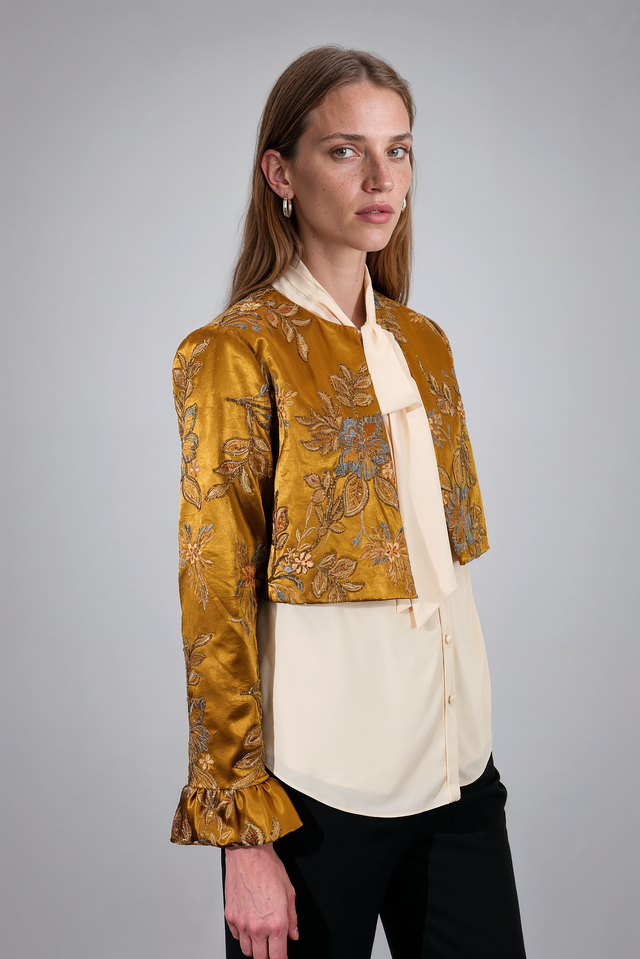 Mikael Aghal Gold Floral Embroidered Cropped Jacket