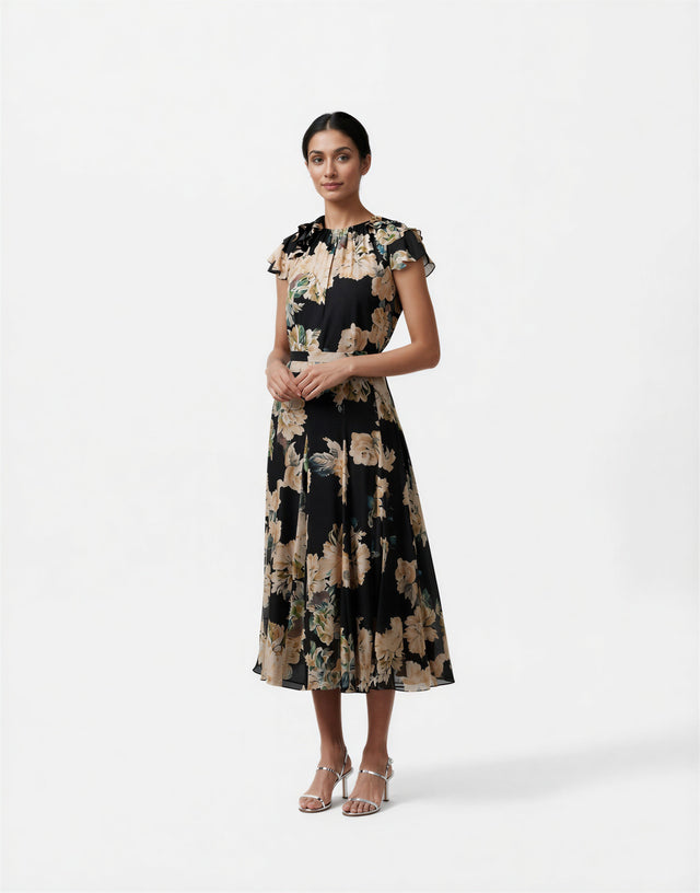 Mikael Aghal Black Floral Midi Skirt