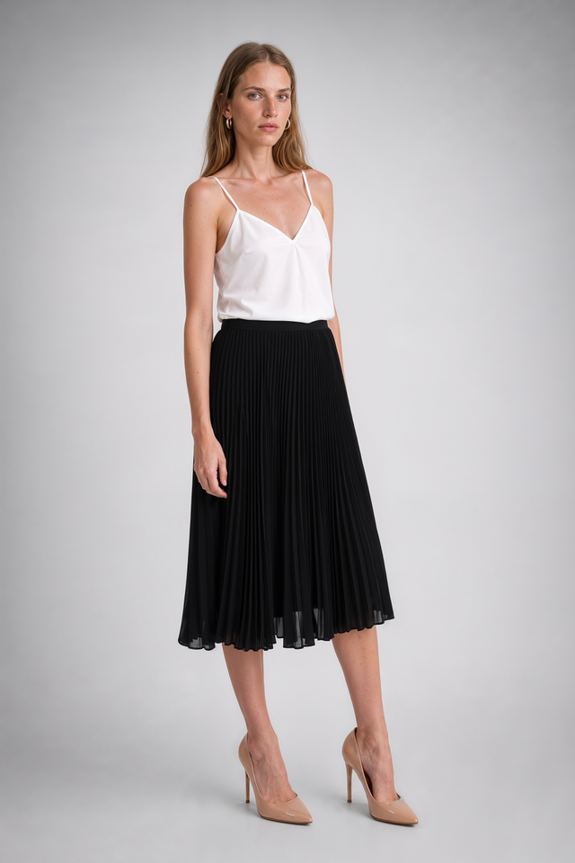 Mikael Aghal Black Pleated Chiffon Midi Skirt