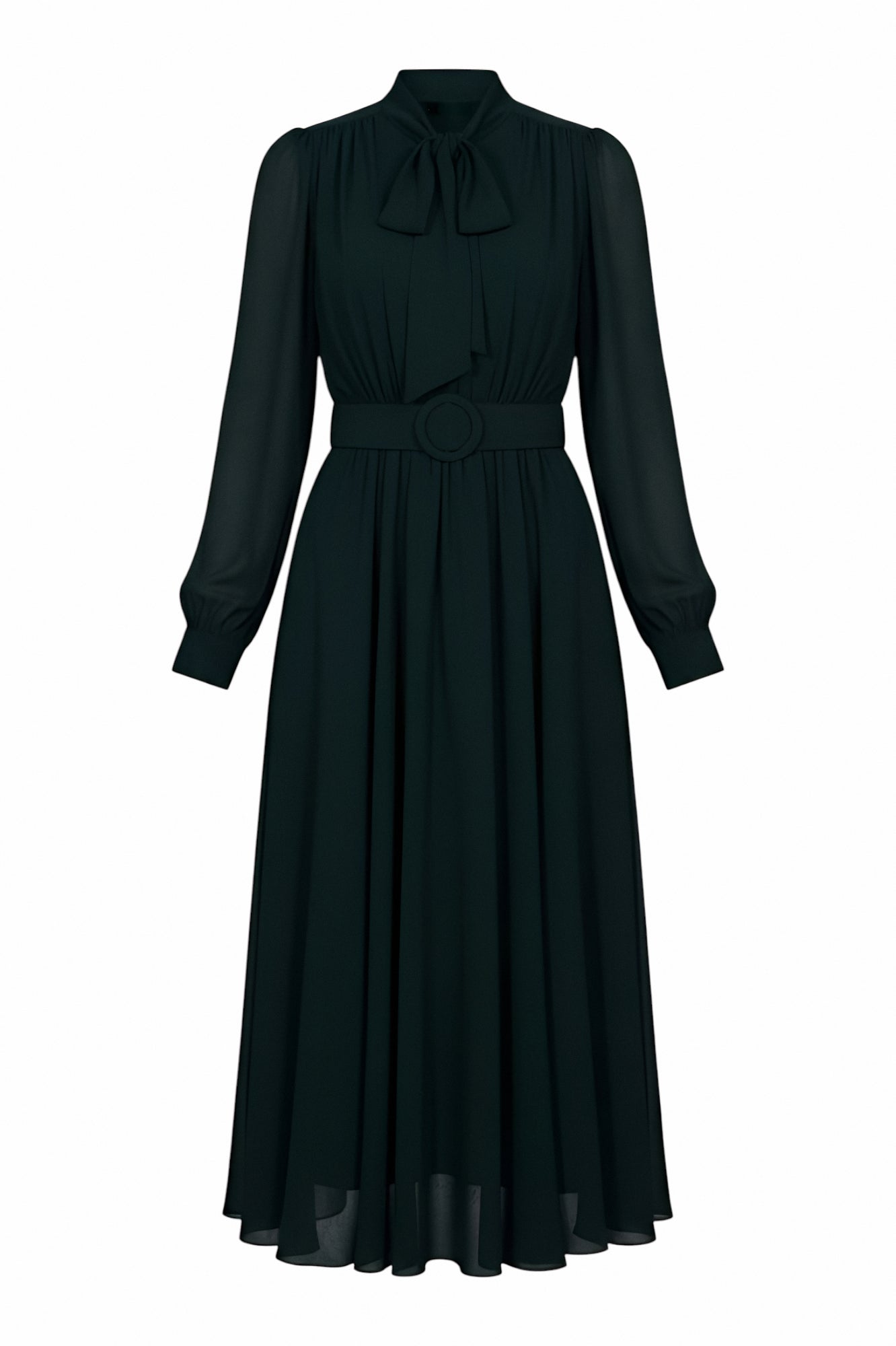 Mikael Aghal Belted Midi Dress – Long Sleeve Tie Neck – MIKAEL AGHAL