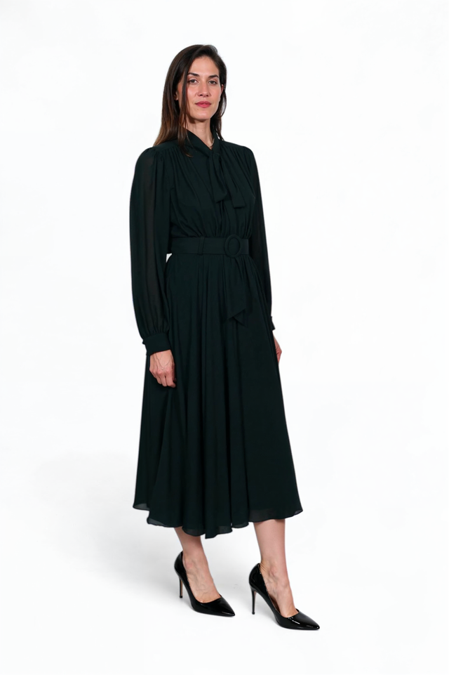 Mikael Aghal Belted Midi Dress – Long Sleeve Tie Neck