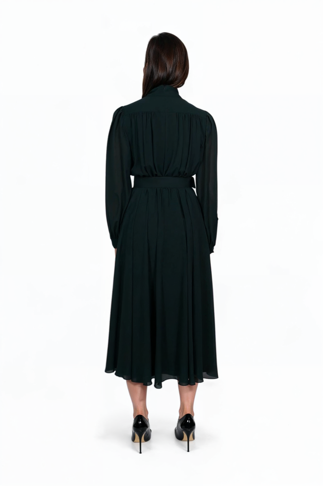 Mikael Aghal Belted Midi Dress – Long Sleeve Tie Neck