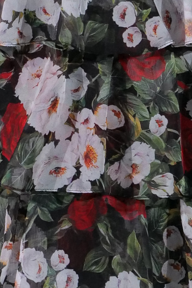 Mikael Aghal Black Floral Tiered Ruffle Gown – Long Sleeve Maxi