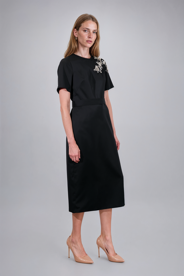 Mikael Aghal Embellished Shoulder Satin Midi Dress