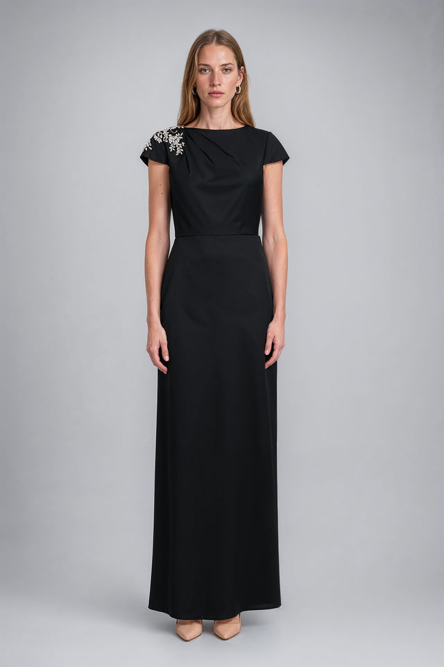 Mikael Aghal Embellished Shoulder Cap-Sleeve Maxi Gown