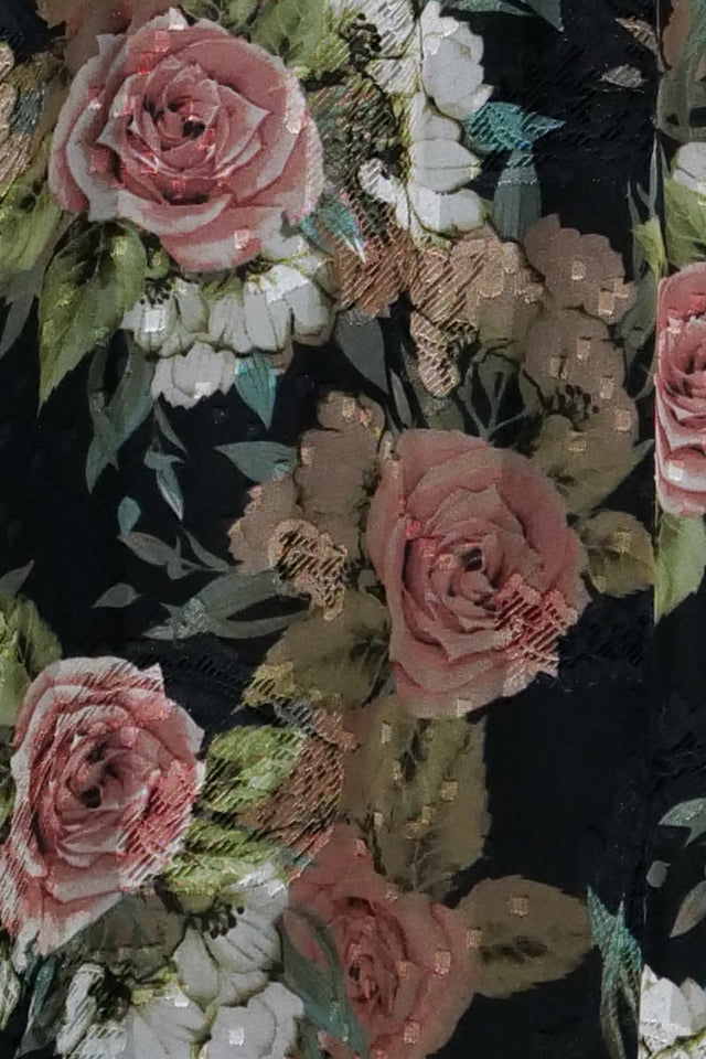 Mikael Aghal Black Rose Print Midi Dress – Long Sleeve Tie Neck