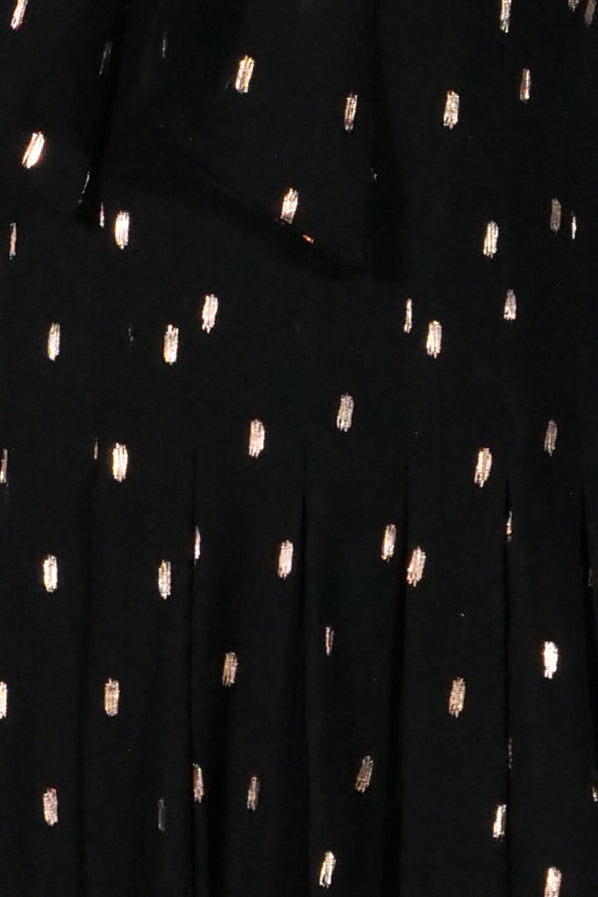 Mikael Aghal Black Metallic Dot Maxi Gown – Short Sleeve Tie Neck