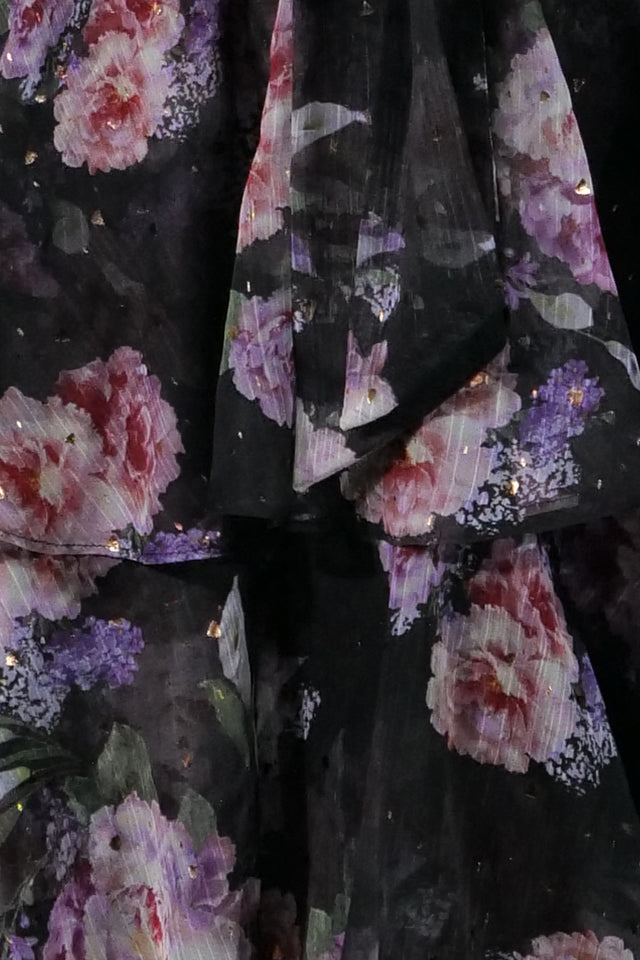 Mikael Aghal Black Floral Tiered Midi Dress – Long Sleeve with Belt