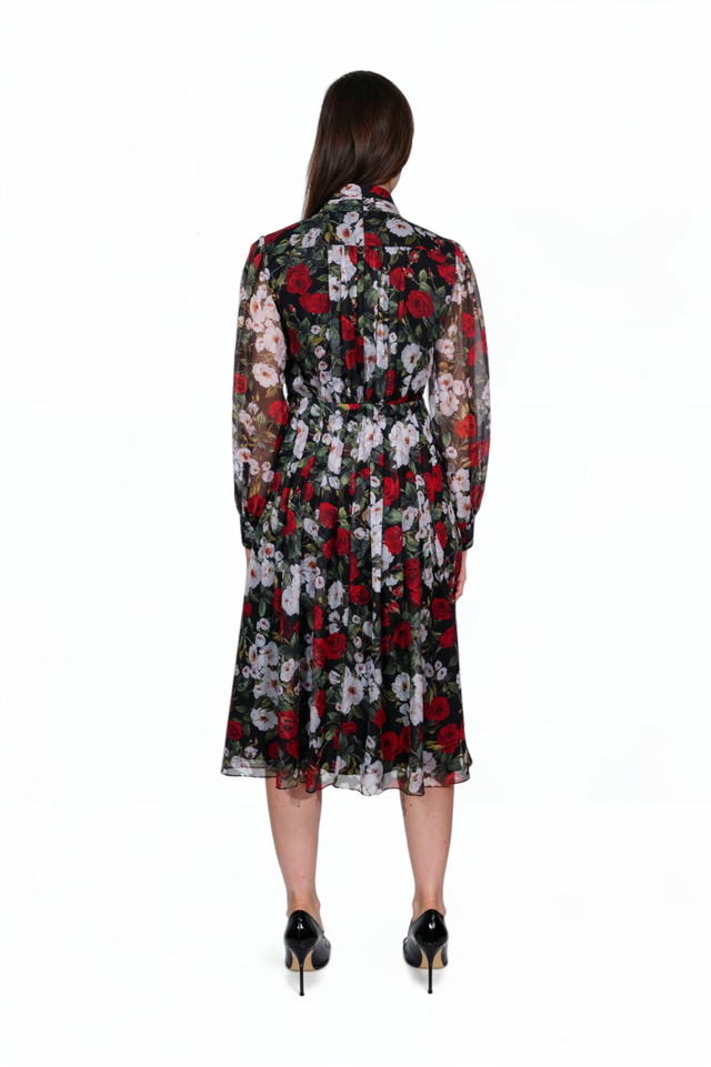 Mikael Aghal Floral Print Sheer Chiffon Midi Dress – Long Sleeve High Neck