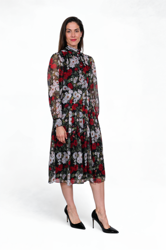 Mikael Aghal Floral Print Sheer Chiffon Midi Dress – Long Sleeve High Neck