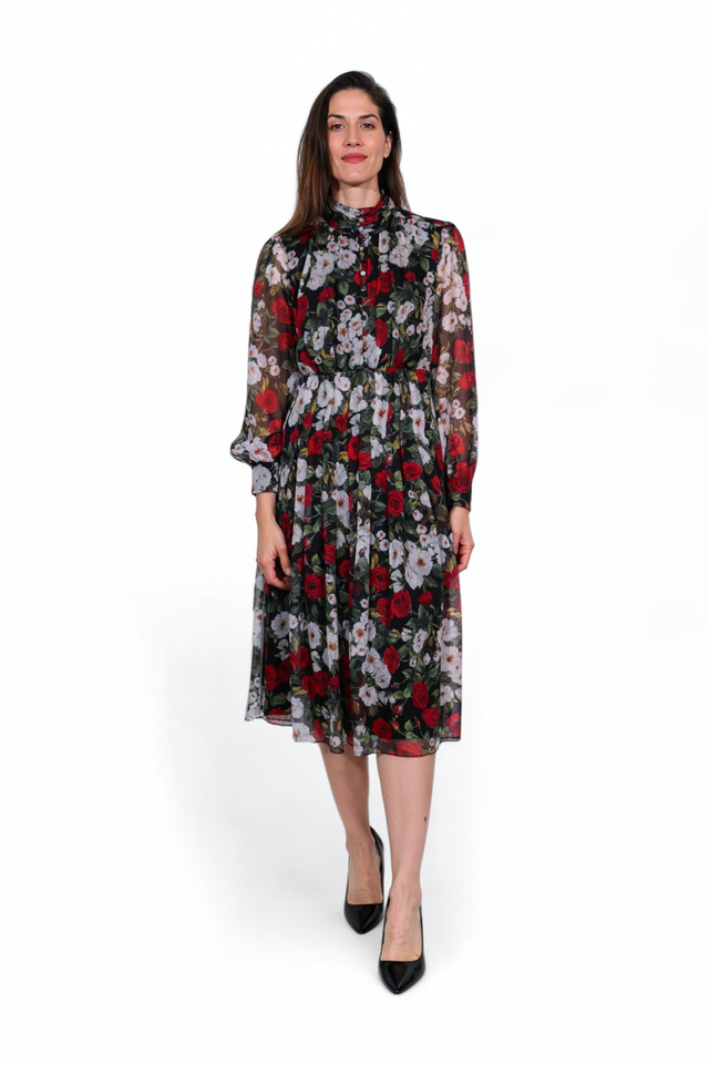 Mikael Aghal Floral Print Sheer Chiffon Midi Dress – Long Sleeve High Neck