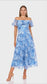 Azure Elegance Off-Shoulder Midi Dress with Floral Print