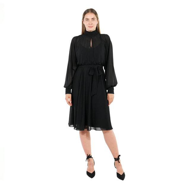 Mikael Aghal High-Neck Keyhole Belted Midi Dress