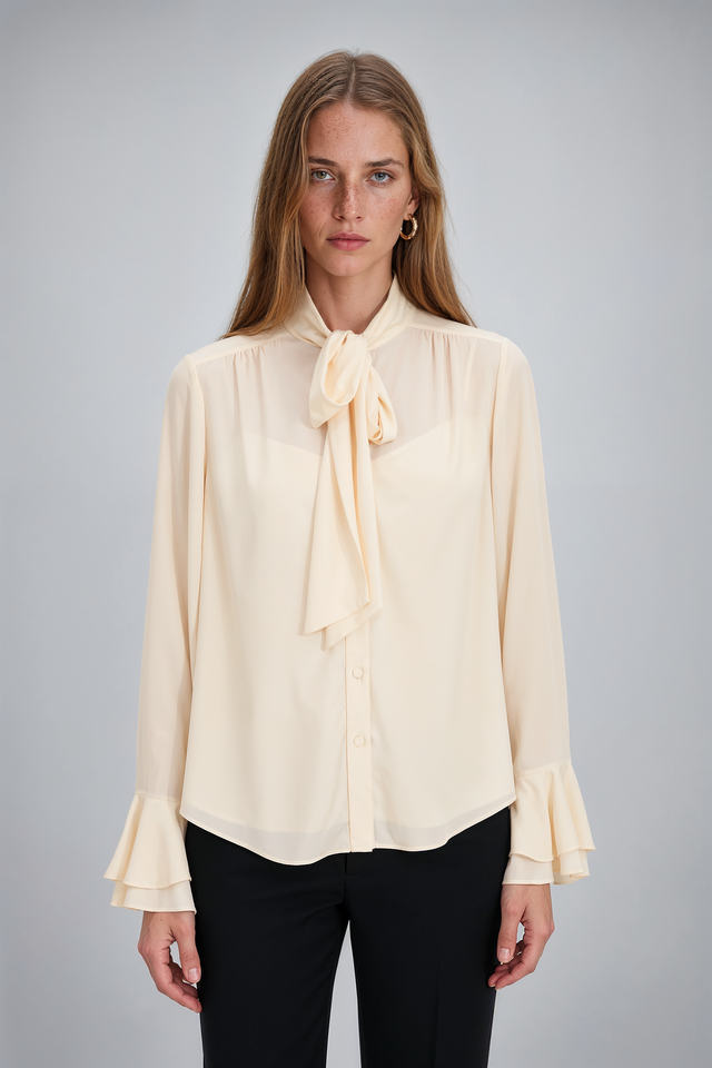 Mikael Aghal Champagne Tie-Neck Ruffle-Cuff Chiffon Blouse