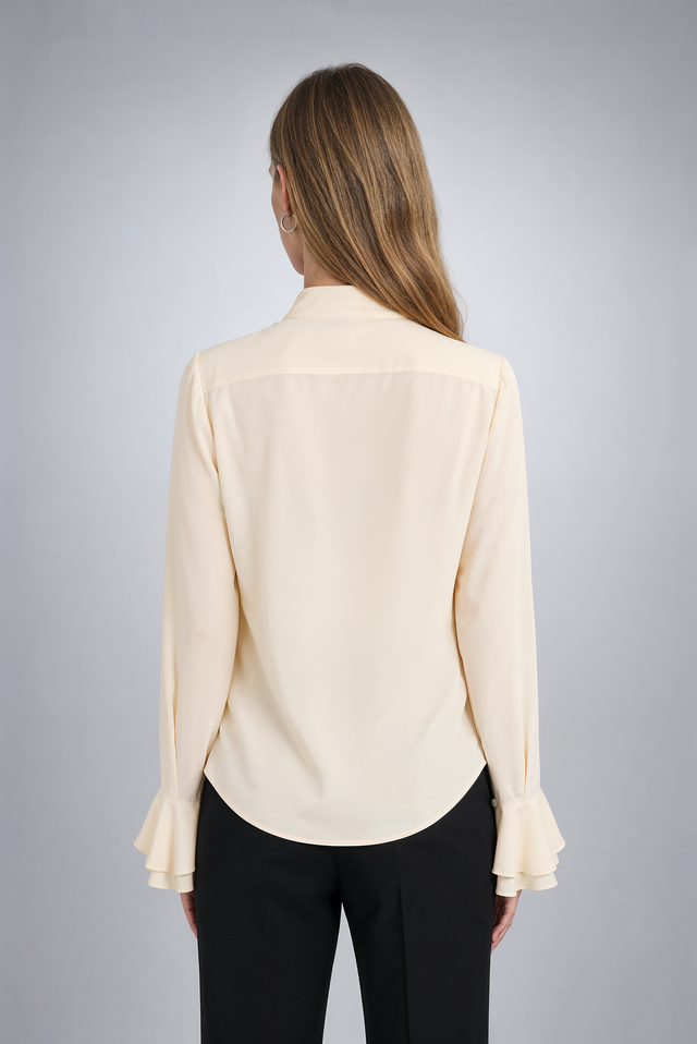 Mikael Aghal Champagne Tie-Neck Ruffle-Cuff Chiffon Blouse