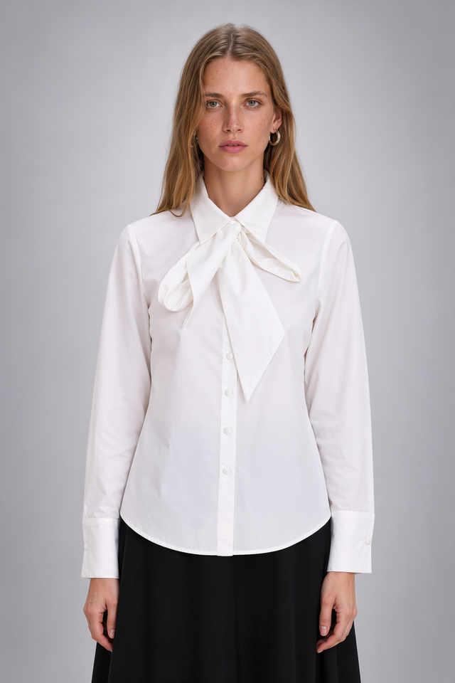Mikael Aghal Tie-Neck Button-Front Blouse in White