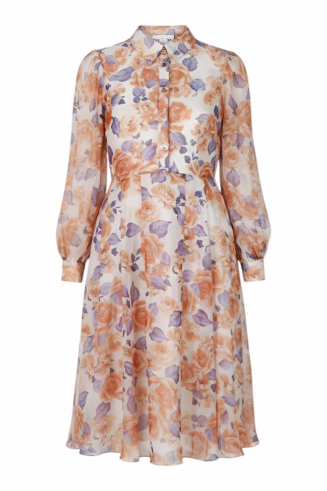 Mikael Aghal Peach & Lavender Floral Midi Dress – Long Sleeve Button Front