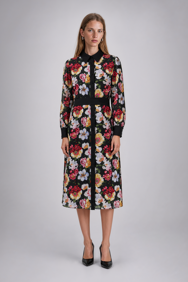 Mikael Aghal Floral Chiffon Long-Sleeve Shirt Dress