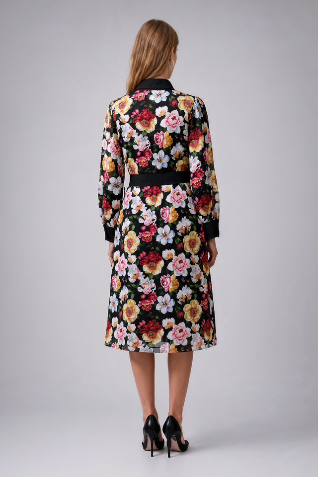 Mikael Aghal Floral Chiffon Long-Sleeve Shirt Dress