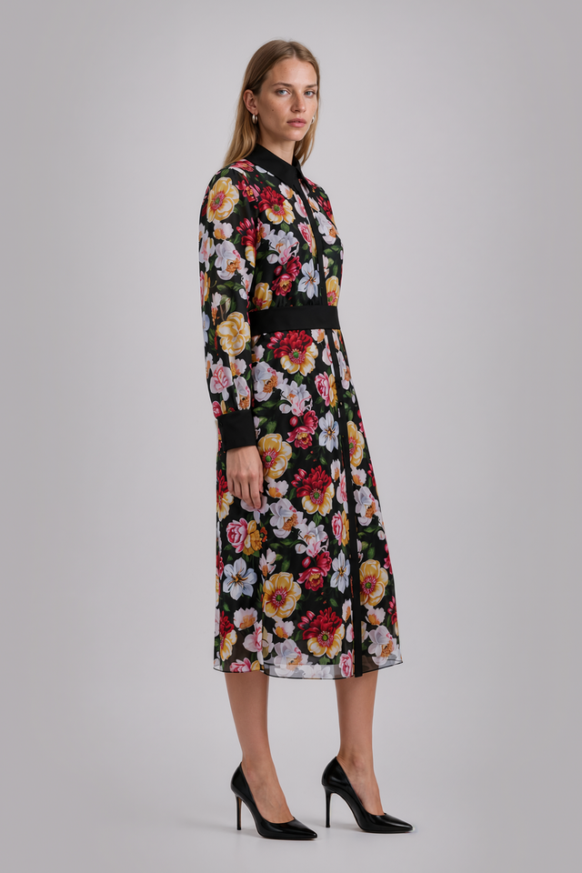 Mikael Aghal Floral Chiffon Long-Sleeve Shirt Dress