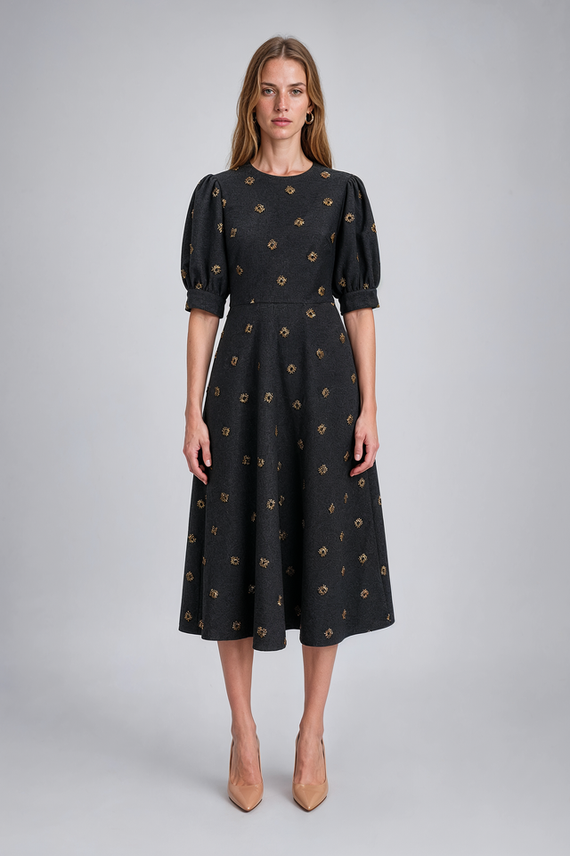 Mikael Aghal Charcoal Gold Embroidered Puff-Sleeve Midi Dress