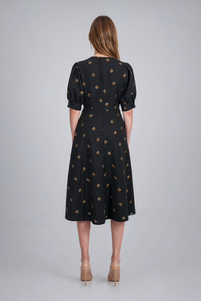 Mikael Aghal Charcoal Gold Embroidered Puff-Sleeve Midi Dress